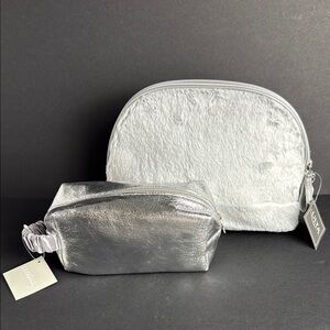 Ulta Beauty ☀️ Grey Fuzzy Plush‎ and Silver Cosmetic Bag Set NWT